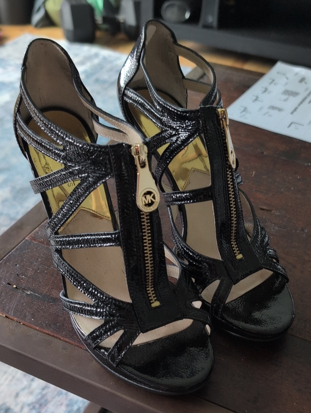 Michael Kors Berkeley T Black Patent Leather Strappy Heels with Gold Zip